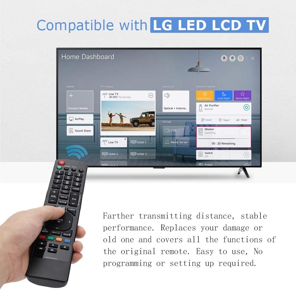 YOSUN Universal Remote Control in hand, with an LG Smart TV displaying its home dashboard in the background.
