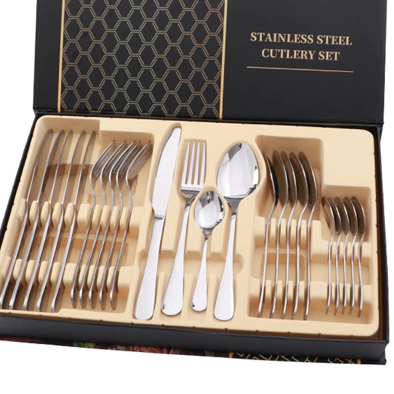 Generic Elegante Juego de Cubiertos de Acero Inoxidable, 24 Piezas, Cuchillo para Carne, Tenedor, Cuchara para Vajilla de Regalo (SILVER)
