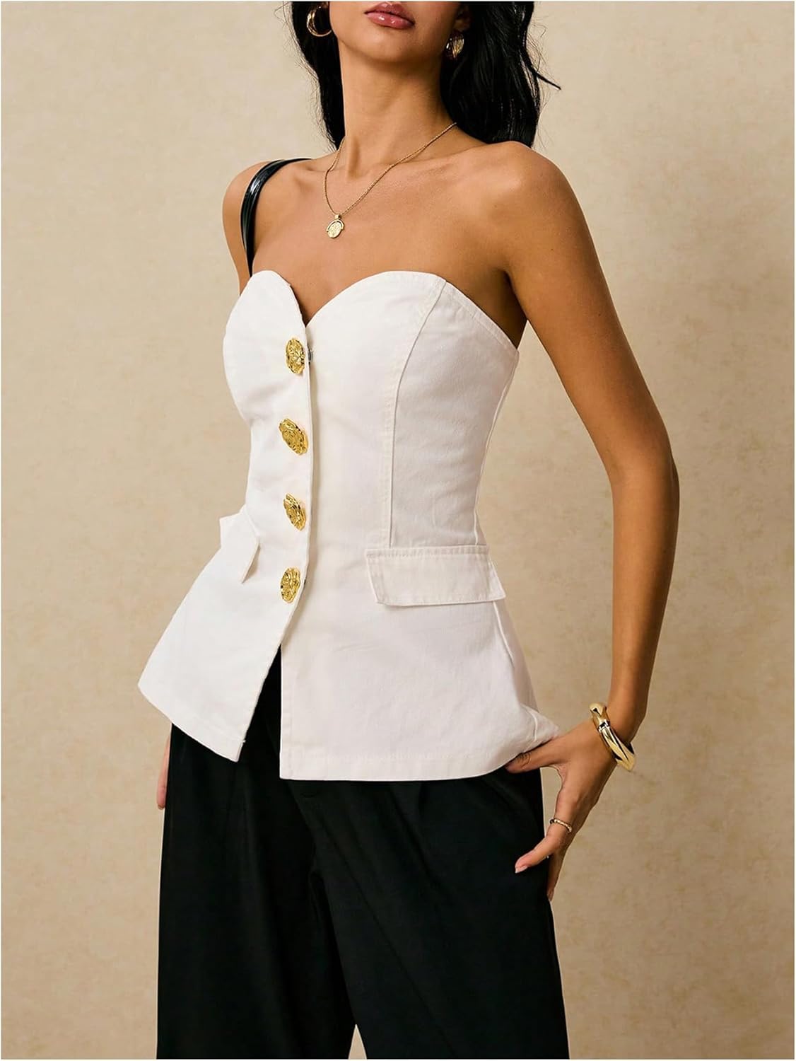 SweatyRocks Women's Button Front Denim Tube Top Sleeveless Work Business Casual Vest Tops - Image 5