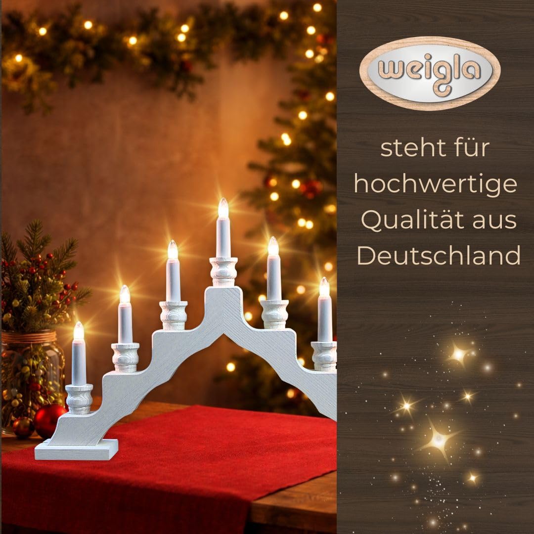 weigla - Schwedenleuchter original Erzgebirge I Trendiger Schwede WEIẞ I LED I Schwibbogen Weihnachten I 7 Lampenkerzen + 1 Ersatzlampe I 7 x 34 V, 0,2 W, E10 I Weihnachtsdeko innen I Kiefernholz