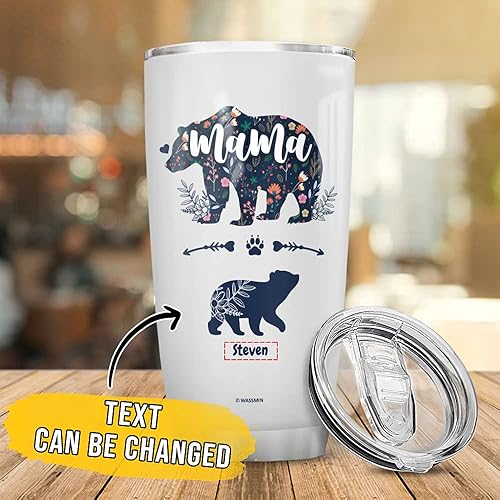 Miniatura 2 de WASSMIN Vaso personalizado de acero inoxidable con tapa, de 20 onzas, 30 onzas, doble pared aislada al vacío, de 20 onzas, mamá oso, regalos de