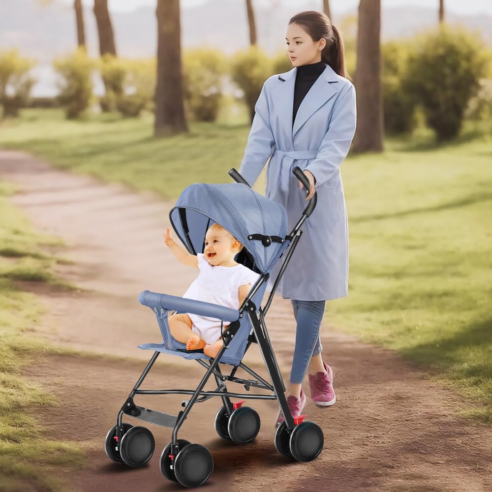 Poussette Canne 0-4 ans,Landau Poussette pour enfant,Pliable/Auvent Réglable/Roues Verrouillables/Coussin de Siège Confortable/Absorbant les Chocs et résistant à l'usure,L67cm x L45cm x H100cm (Bleu)