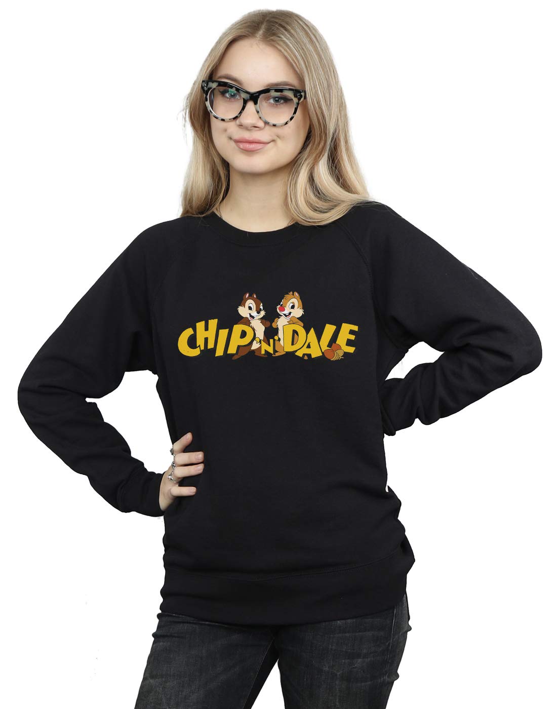 Absolute Cult Women's Black Disney Chip And Dale Character Logo Sweatshirt X-Large