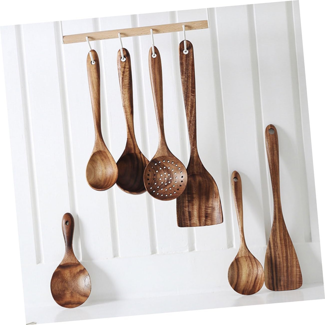 1Set Wooden Utensil Multi Function Non Stick Cooking Spoons with Hanging for for Home Cafes Tea Houses and Restaurants