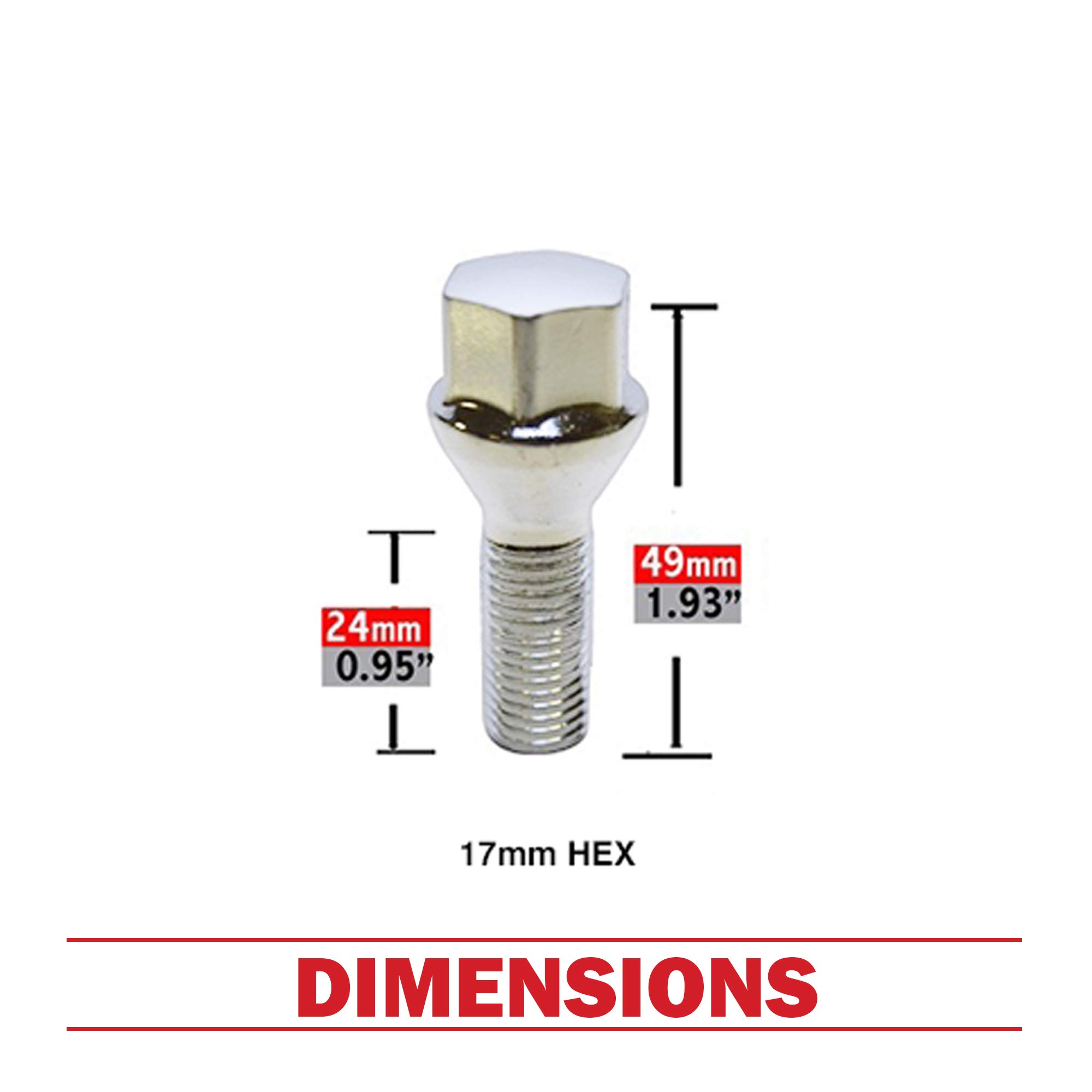 20 PC Chrome M14 X 1.25 Conical Lug Bolts with17mm Hex (24MM Long)