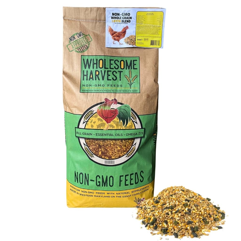 Wholesome Harvest Non-GMO Whole Grain Layer Blend 16% - Chicken Feed for Laying Hens and Ducks - Includes Essential Oils, Herbs, Oyster Shells, Vital Minerals, and Omega 3, 40lb