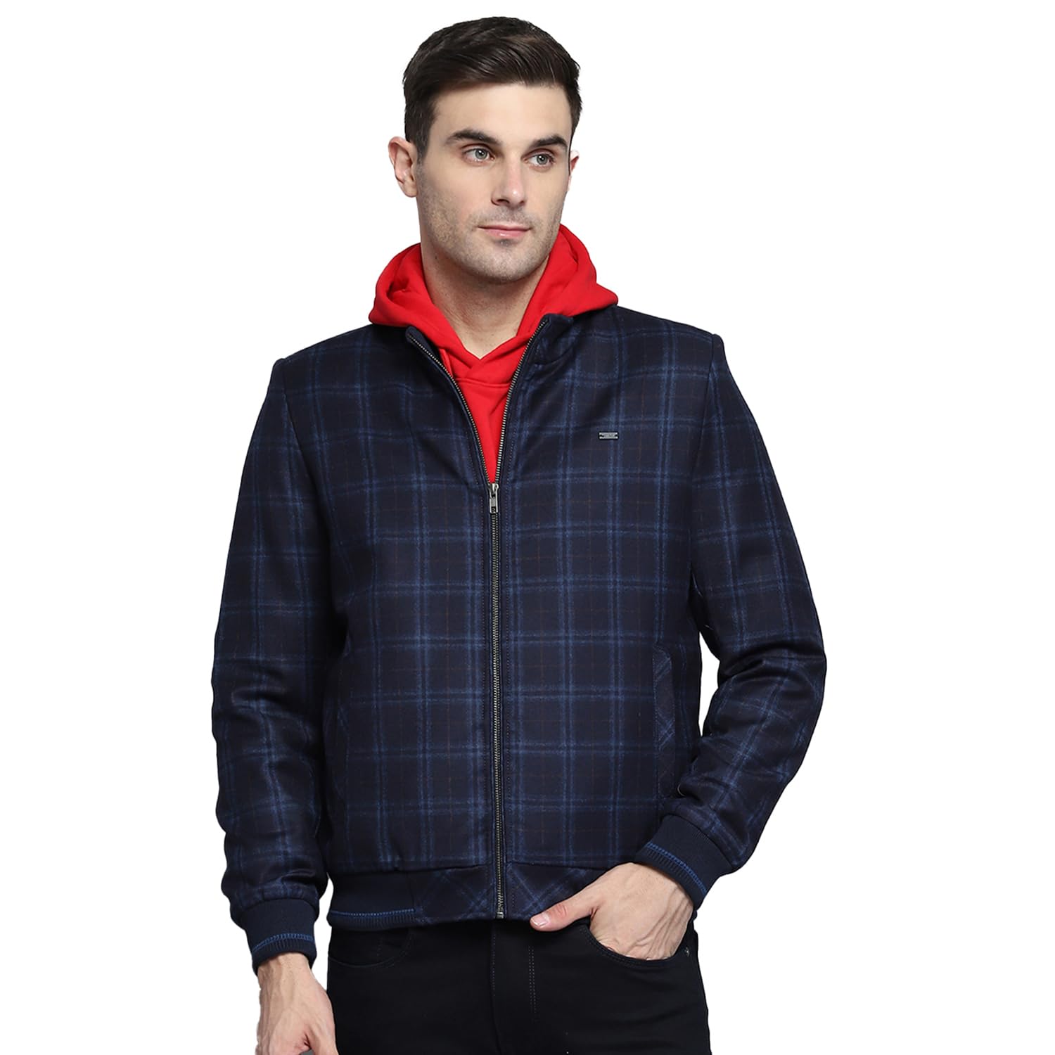 Check Navy Blue Mock Neck Full Sleeves Sweatshirt for Mens-image-1