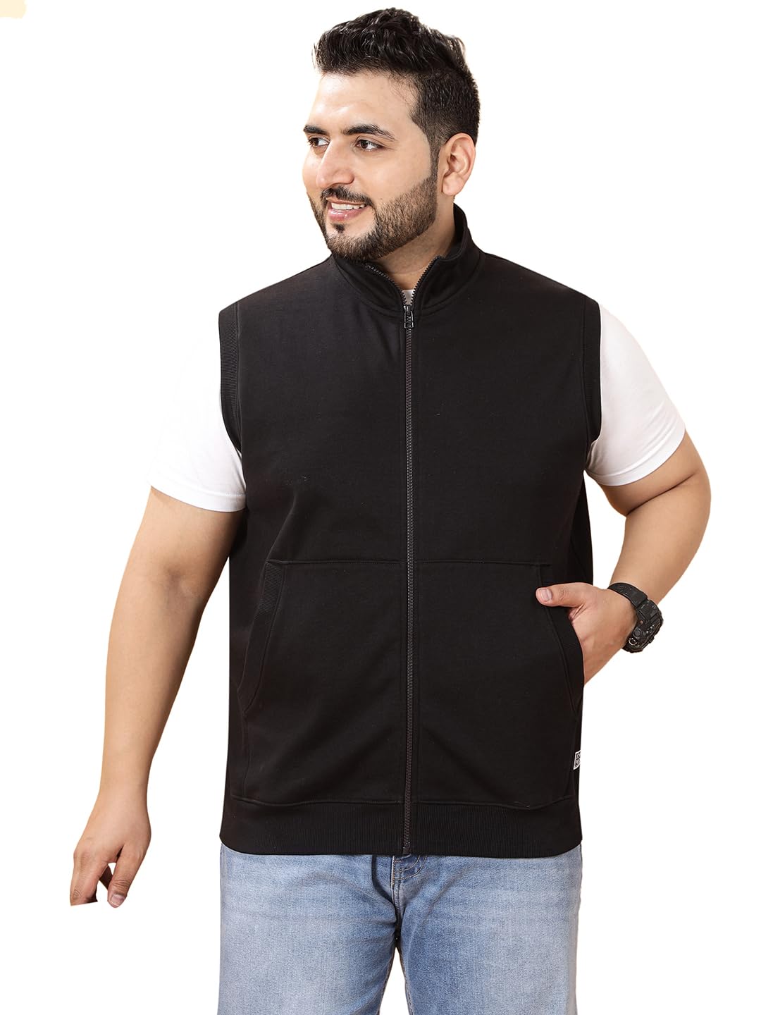 john pride Plus Size Men Regular Fit Sleeveless Mock Collar Solid Fleece Black Front-Open Sweatshirt(JPSWT75230_Black)-picture-40