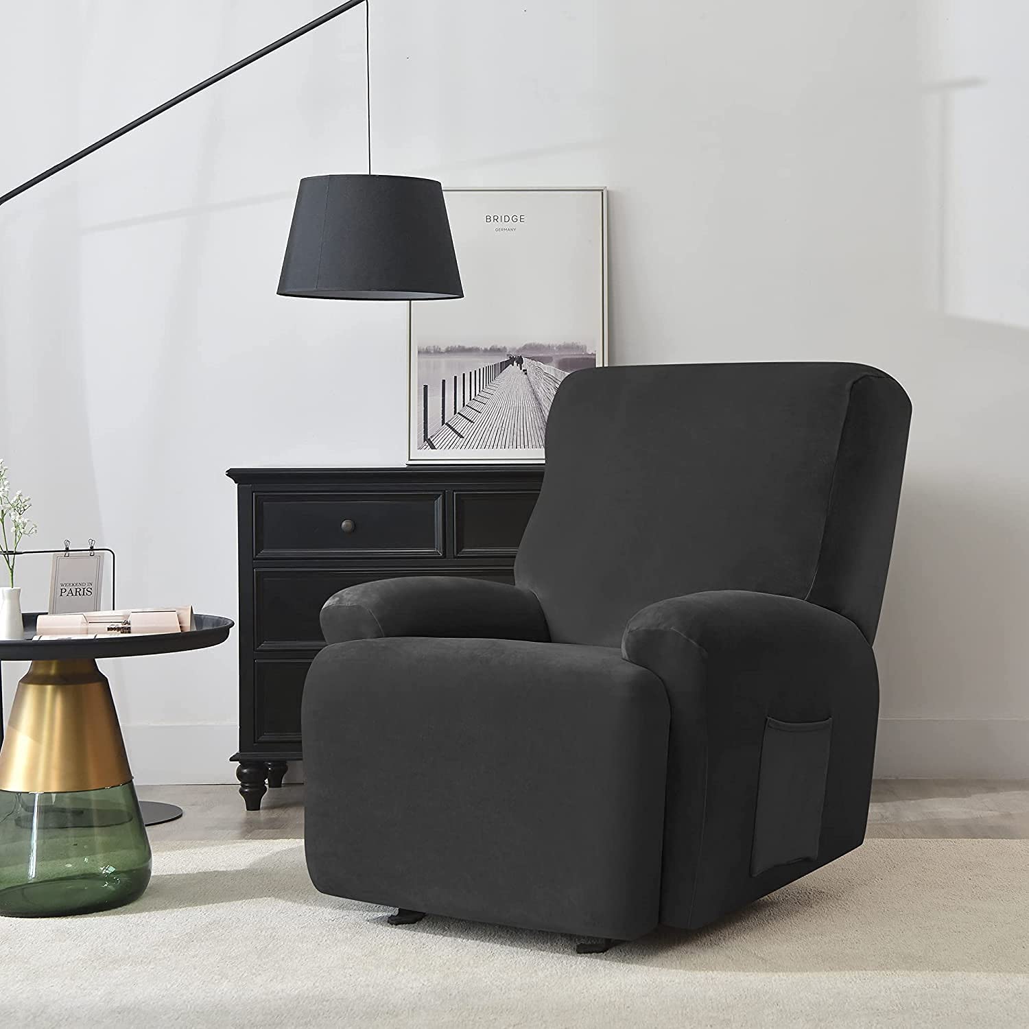 4-teilige Samt Ruhesessel Bezüge, Stretch Velvet Plush Relaxsessel Bezug für Wohnzimmer mit Seitentasche, Sesselschoner für Fernsehsessel, Sitzbreite 58-89cm (Schwarz)