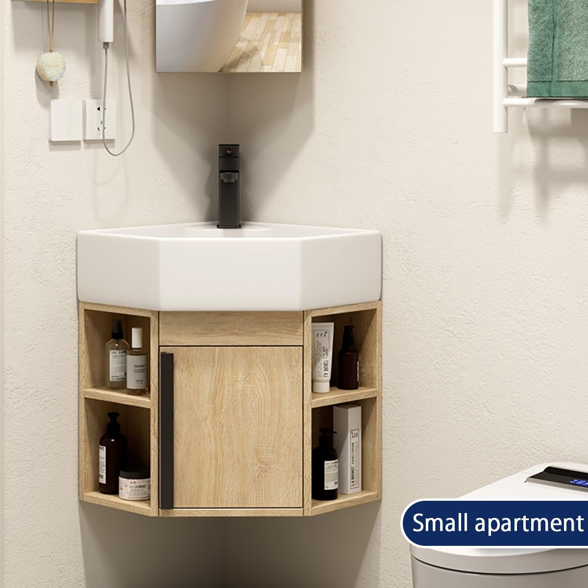 Lavabo De Esquina For Baño Pequeño,Mueble Baño Con Lavabo,Lavabo De Cerámica,Lavabo De Porcelana Mural,Lavabo De Baño Con Contenedor De Almacenamiento,Para Tu Baño Principal Y De Invitados(Brown)