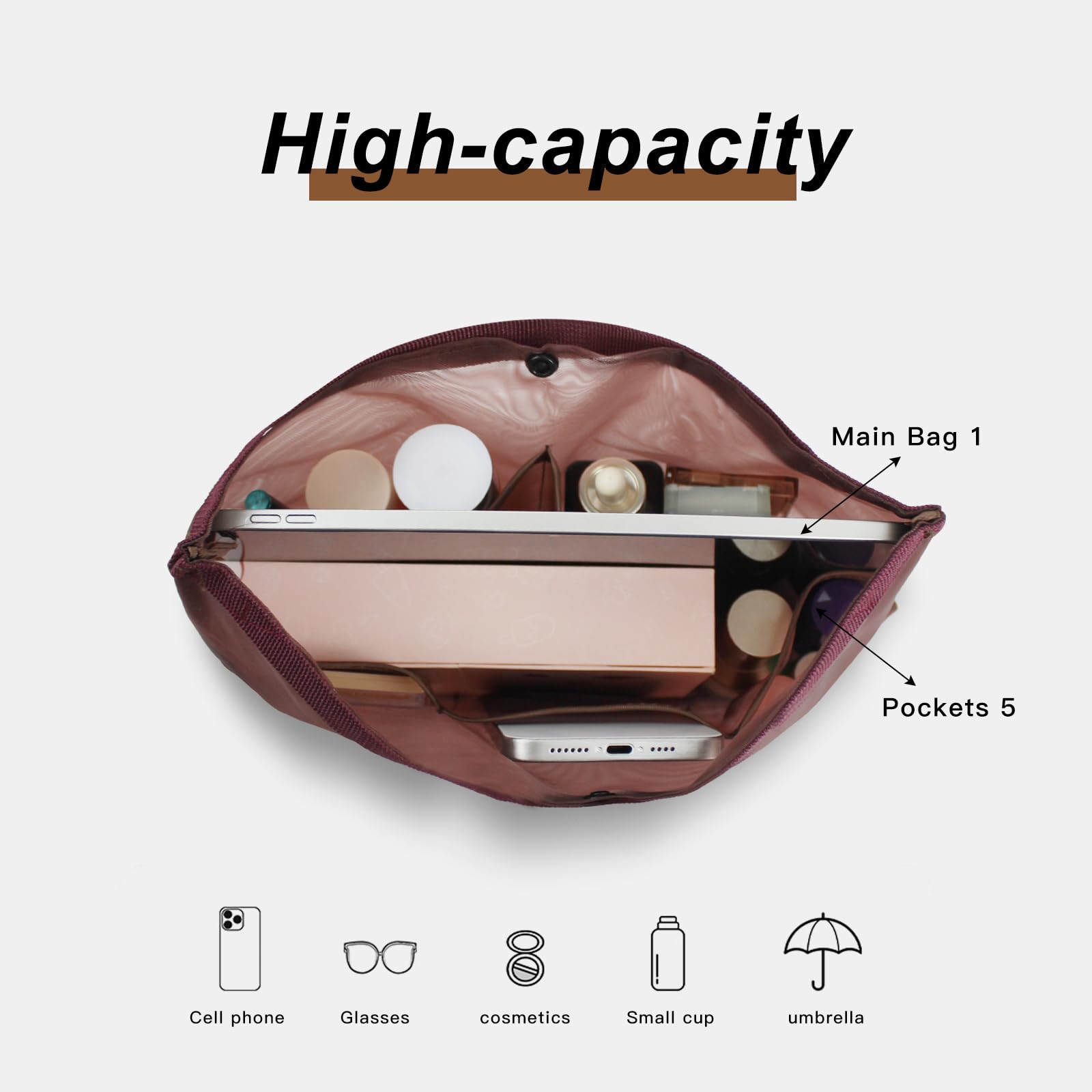 Organizador de bolso, 6 compartimentos, ultra ligero, de malla transparente, organizador de bolsas con mano y botón a presión, inserto organizador para almacenamiento de viajes, bolso (gris, 4