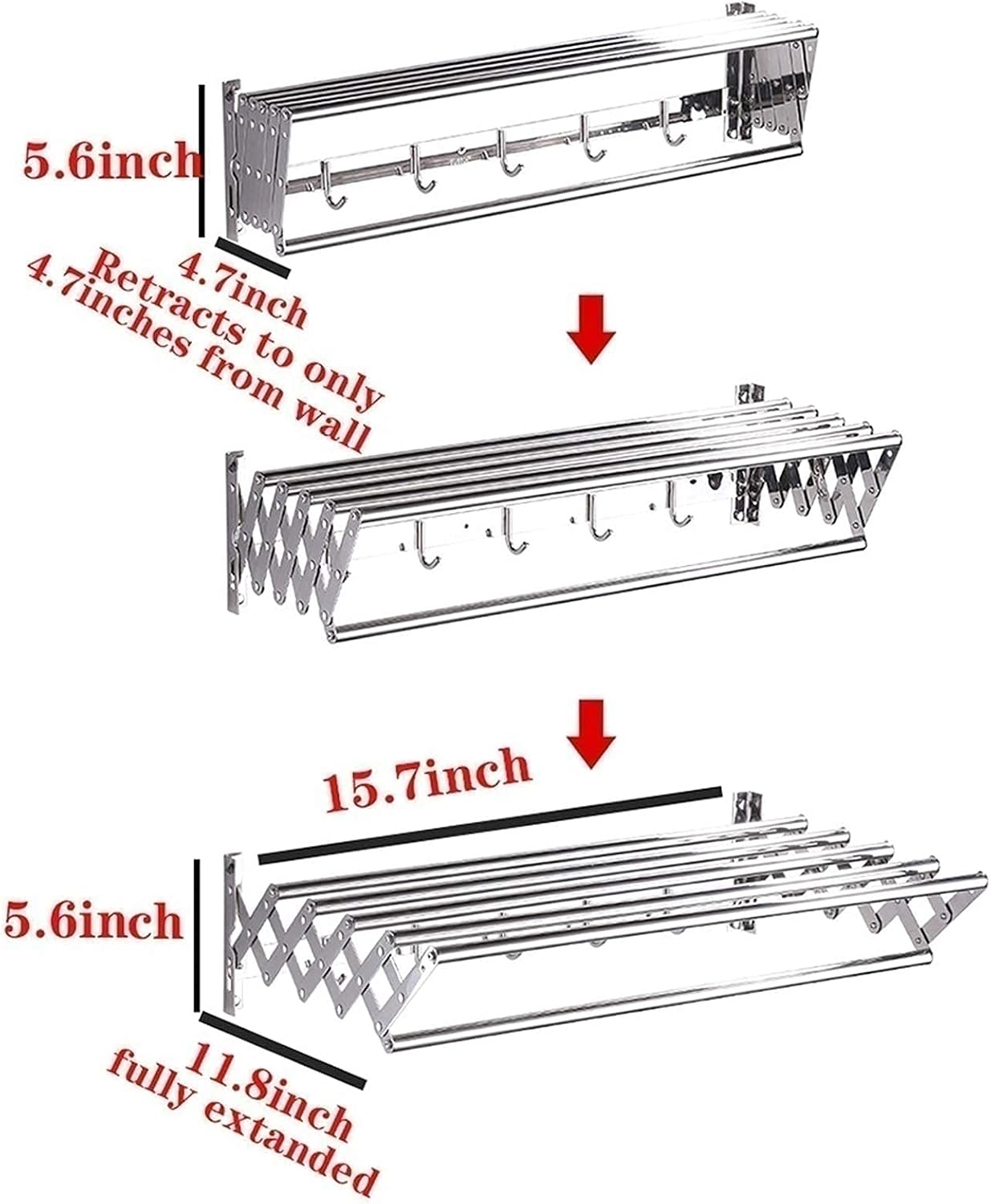 This Airer Wall Mounted Laundry Drying Rack Racks Stainless Steel Space-Saving Foldable Home Folding Great for Bathroom Or Room Towel and Hooks,40cm