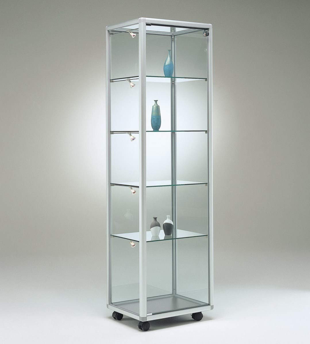 Glasvitrine mit Rollen T 52,5 x B 52,5 x H 184,5 cm - schmale Glas Standvitrine abschließbar - Ausstellungs-Vitrine ohne Beleuchtung