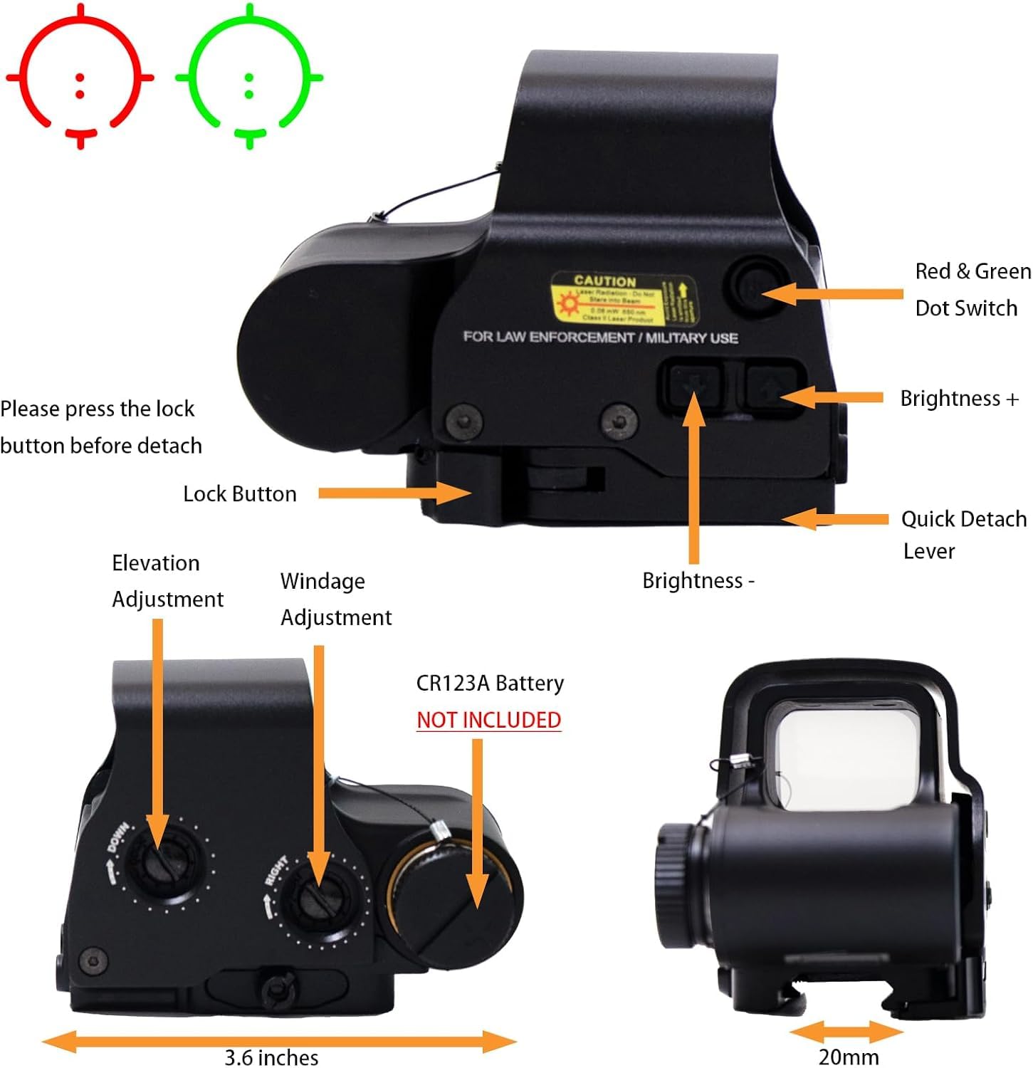 KinZon 558 G43 Visée Holographique à Point Rouge & Vert + Combinaison avec Loupe Grossissante 3X G43 + Montage Flip QD Intégré (Noir)
