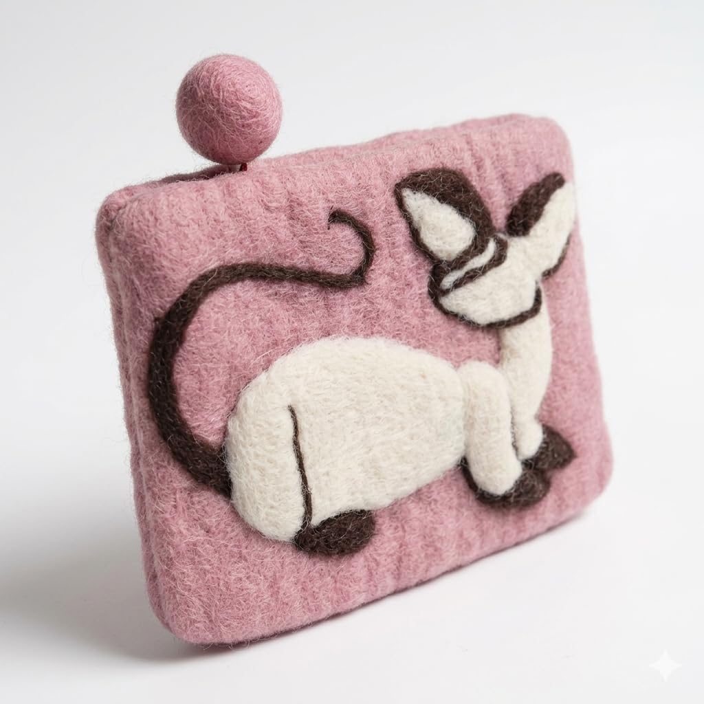Wool Felt Coin Purses & Pouches, Handmade Wool Texture Coin Zipper Purse, Card Case, Cottagecore Purse (Pink,5.91 * 4.33inch) image 3