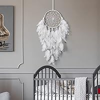 Vista 3 de Dremisland Atrapasueños de plumas blancas para colgar en la pared, elegante decoración de pared para ventanas, balcón, dormitorio, boda, fiesta, Sin