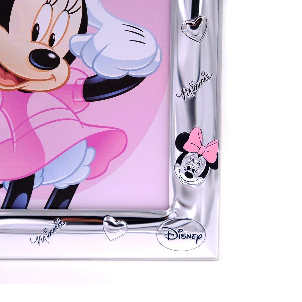 VALENTI & CO. Disney Baby Minnie Mouse Cornice Porta Foto Da Tavolo In Argento Per Neonato E Bambina & Disney Clip Ciuccio, Catenella Portaciuccio Con Box In Argento (Rosa)