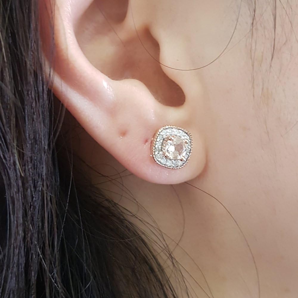 Dazzlingrock Collection Round Morganite & White Diamond Halo Stud Earrings for Women (White Diamond 0.24 ctw, Color I-J, Clarity I2-I3) in 925 Sterling Silver