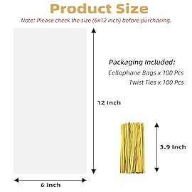 Yotelab Cellophane Bags, 6x12 Inches Clear Cellophane Treat Bags With Twist Ties, 100 PCS