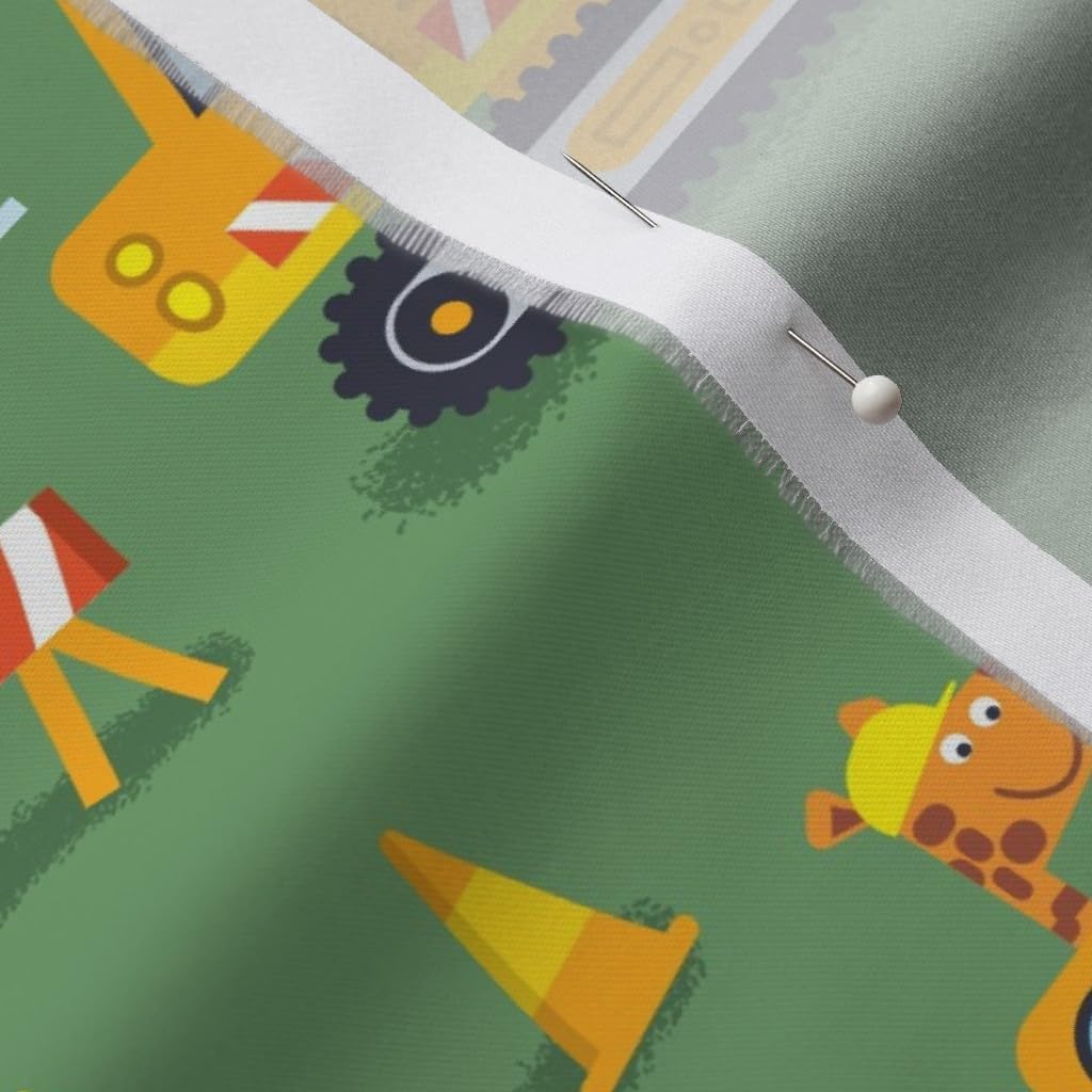 Spoonflower Fabric - Construction Trucks Green Animals Children Printed on Organic Cotton Sateen Fabric by The Yard - Sewing Quilting Apparel Home Decor