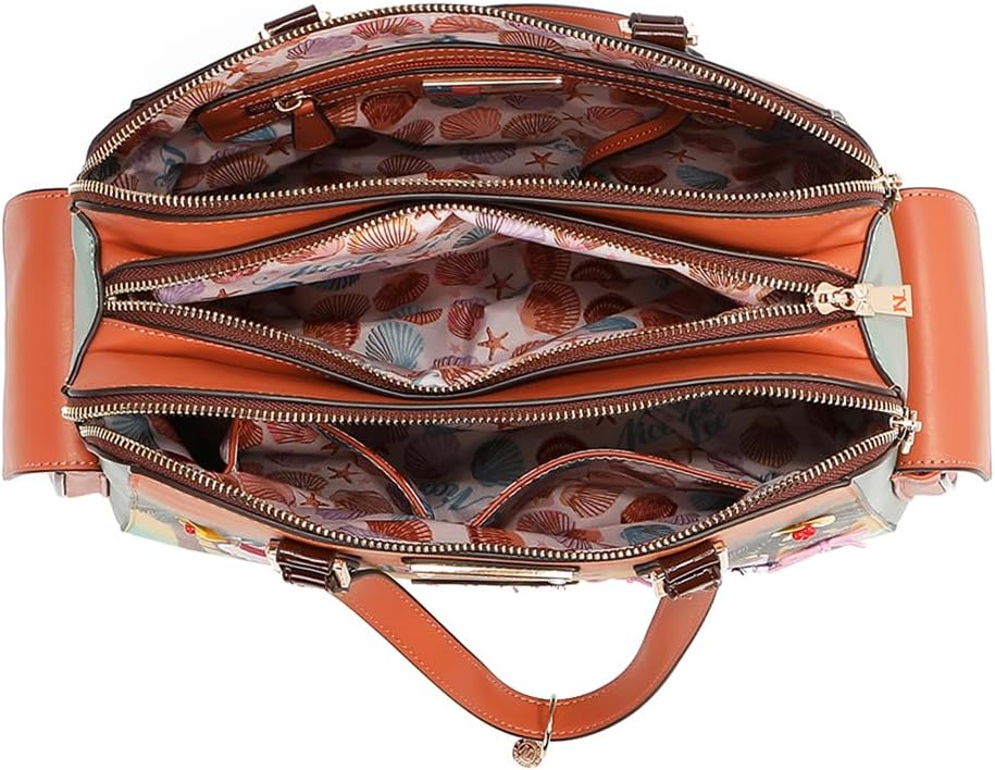 Nicole Lee Sun and Sand Handbag, Vegan Pebbled Leather, Triple Compartment Tote, Beaded Tropical Print (SUN AND SAND)