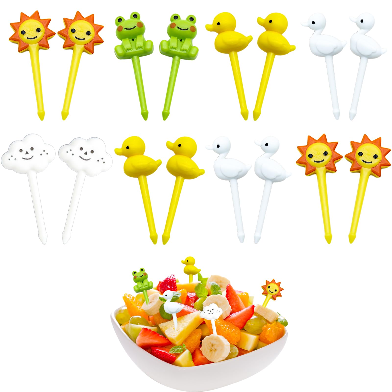 Kireida® 16 Piezas Lindo Mini Rana Pato Tenedores de Frutas niños plástico bento Caja Accesorios para niños/Adultos, plástico, fácil de Limpiar palillo de Fruta
