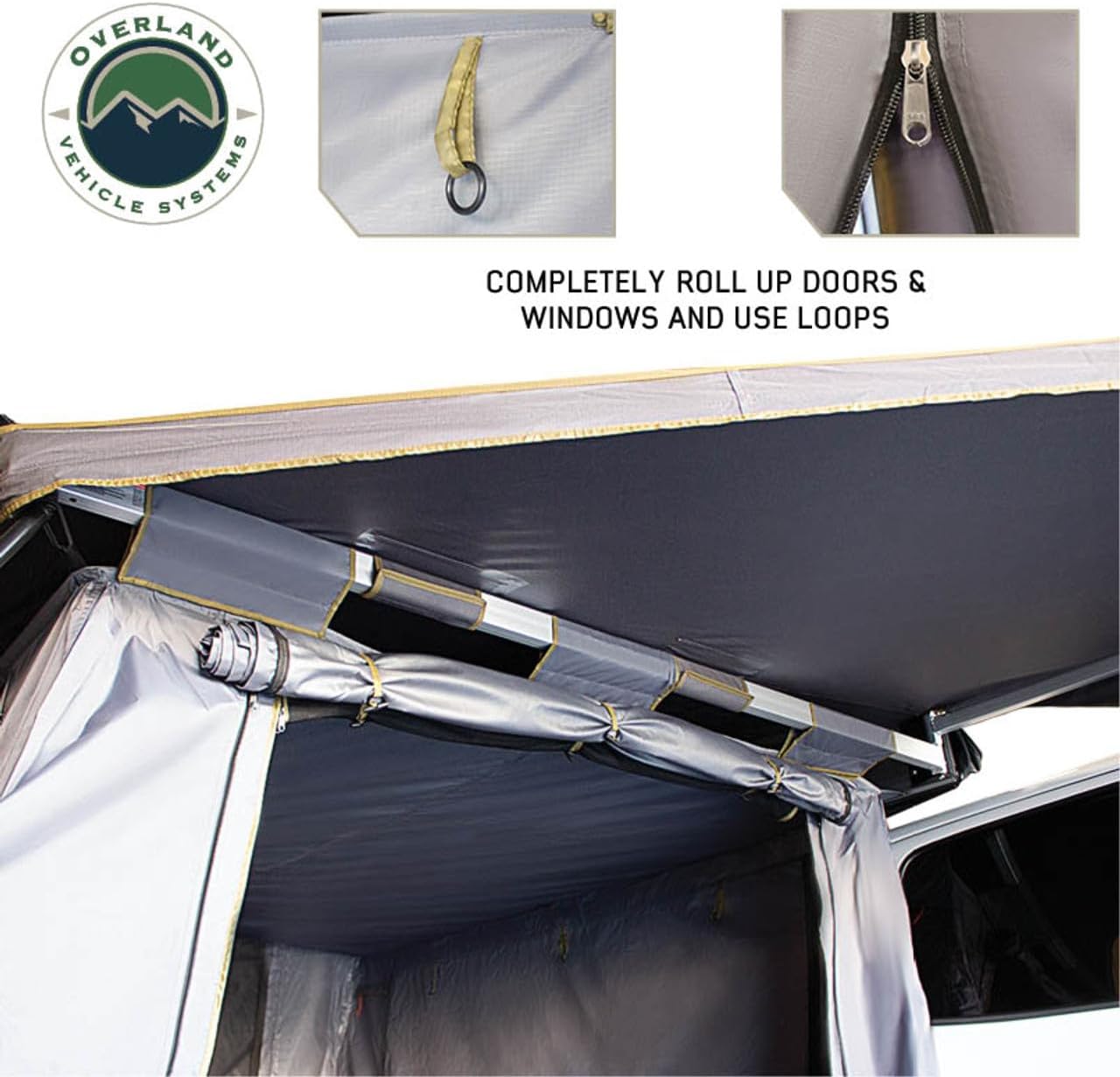 Overland Vehicle Systems HD Nomadic 270/180 Degree Awning Annex Room Enclosure – Grey Body with Green Trim – Heavy Duty Outdoor Shelter for Camping, Overlanding, SUVs & Trucks