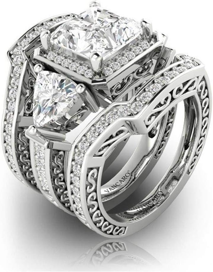 3PCS 925 Sterling Silver Cubic Zirconia Princess Cut Women's Wedding Engagement Bridal Ring Set (6)
