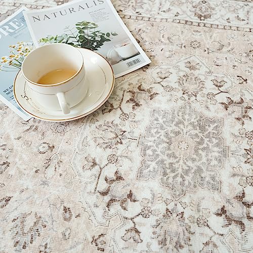 Hallway Washable Runner Rug - 2'6x12 Kitchen Rugs Entryway Rug Runner Vintage Soft Floor Mat Non Slip Indoor Farmhouse Carpet for Bathroom Living Room Bedroom (2'6''x12', Beige)