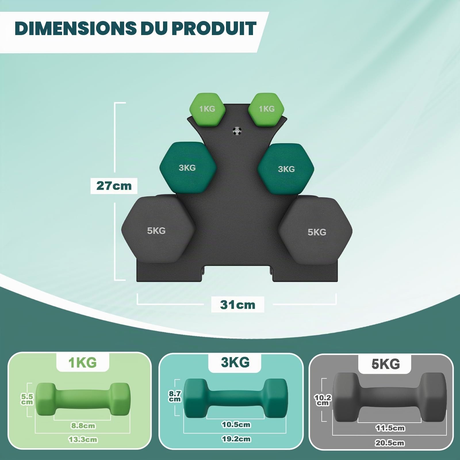 Dripex Lot de 6 Haltères Néoprène 1-5 kg, Support Inclus, Antidérapant