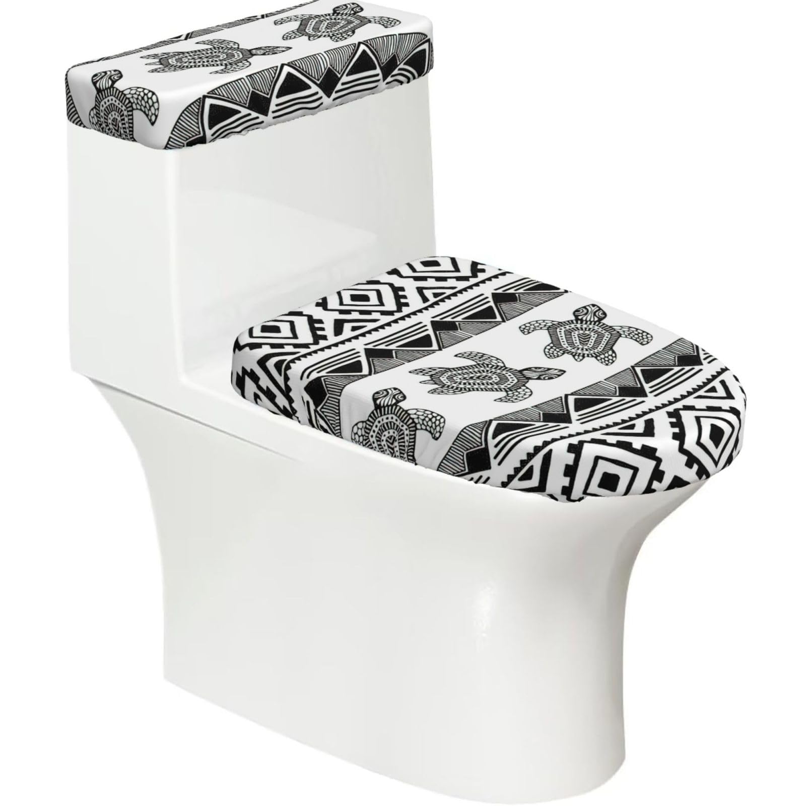 Ethnic Turtle Striped Print Stretch Toilet Covers Set, Polyester Covers Replacement For Fits Most Size Lids Bathroom Decor
