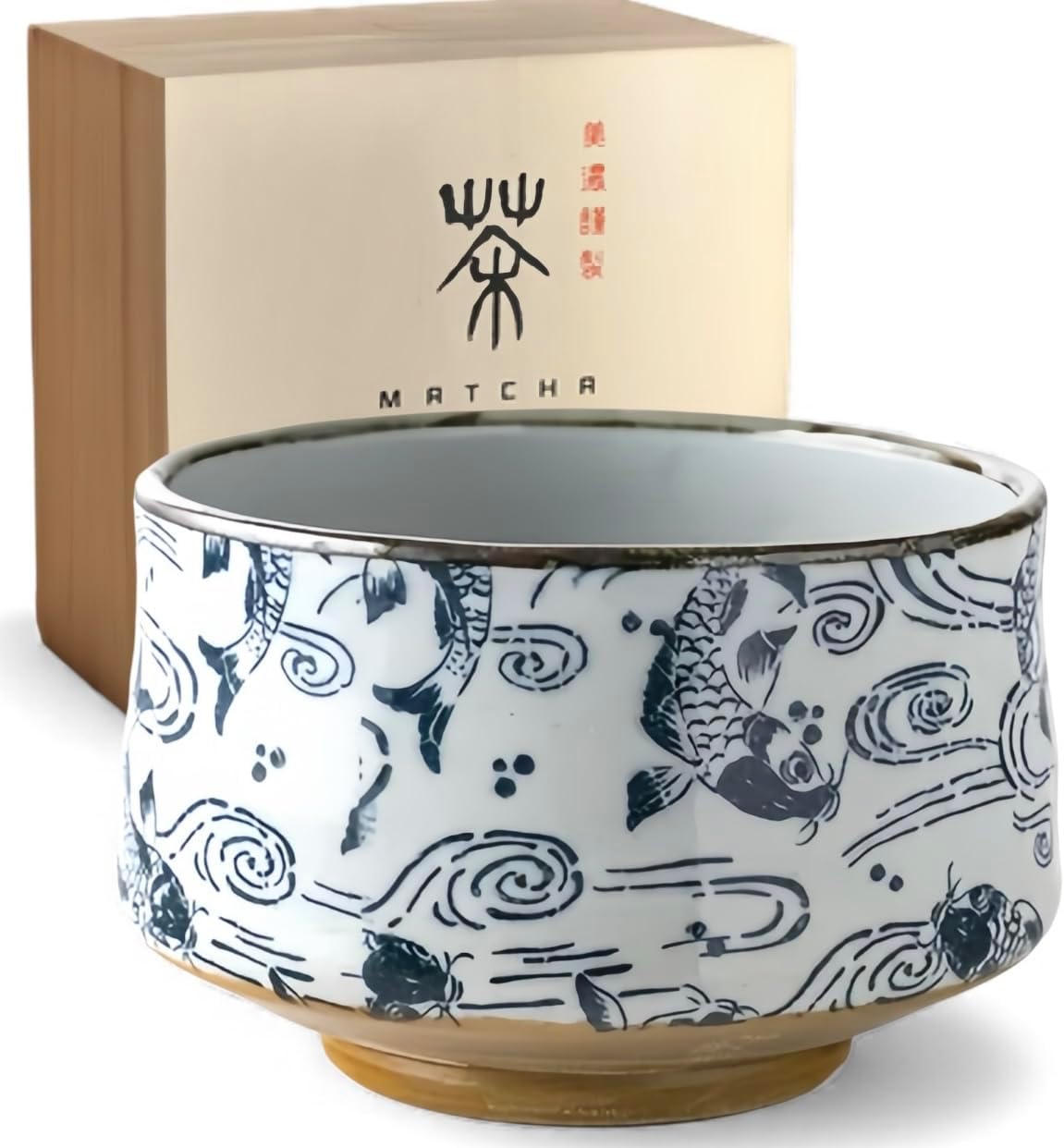 Japanese Handcrafted Matcha Bowl, Porcelain-Gaba Casting, Includes Wooden Gift Box φ115 x 80mm*15 oz Made in Japan (Carp And Waves)