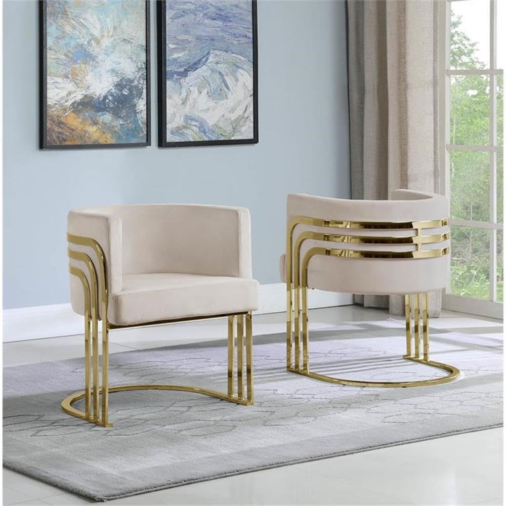 Pemberly Row Velvet Accent Barrel Chair, 24" L x 22" W x 30" H, Beige Cream Upholstery, Gold Chrome Legs, Modern Leisure Style, Minimal Assembly Required, Elegant Living Room or Bedroom Seating