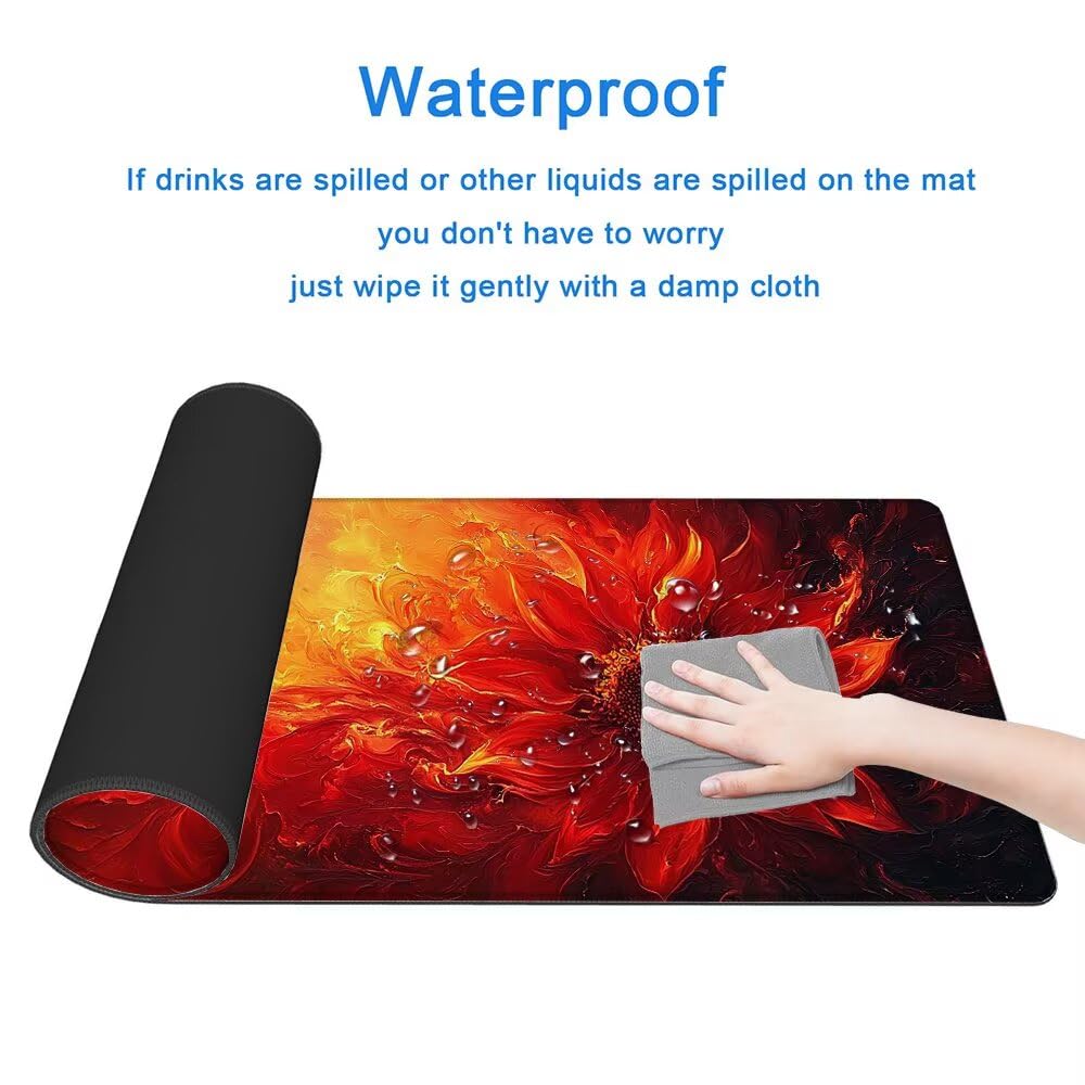 Podkładka pod mysz do gier, duża podkładka pod mysz XXL 1000 x 500 x 3 mm czerwona podkładka pod mysz biurową ze zszytymi krawędziami, podkładka pod mysz do gier XXL kwiat wodoodporny antypoślizgowy