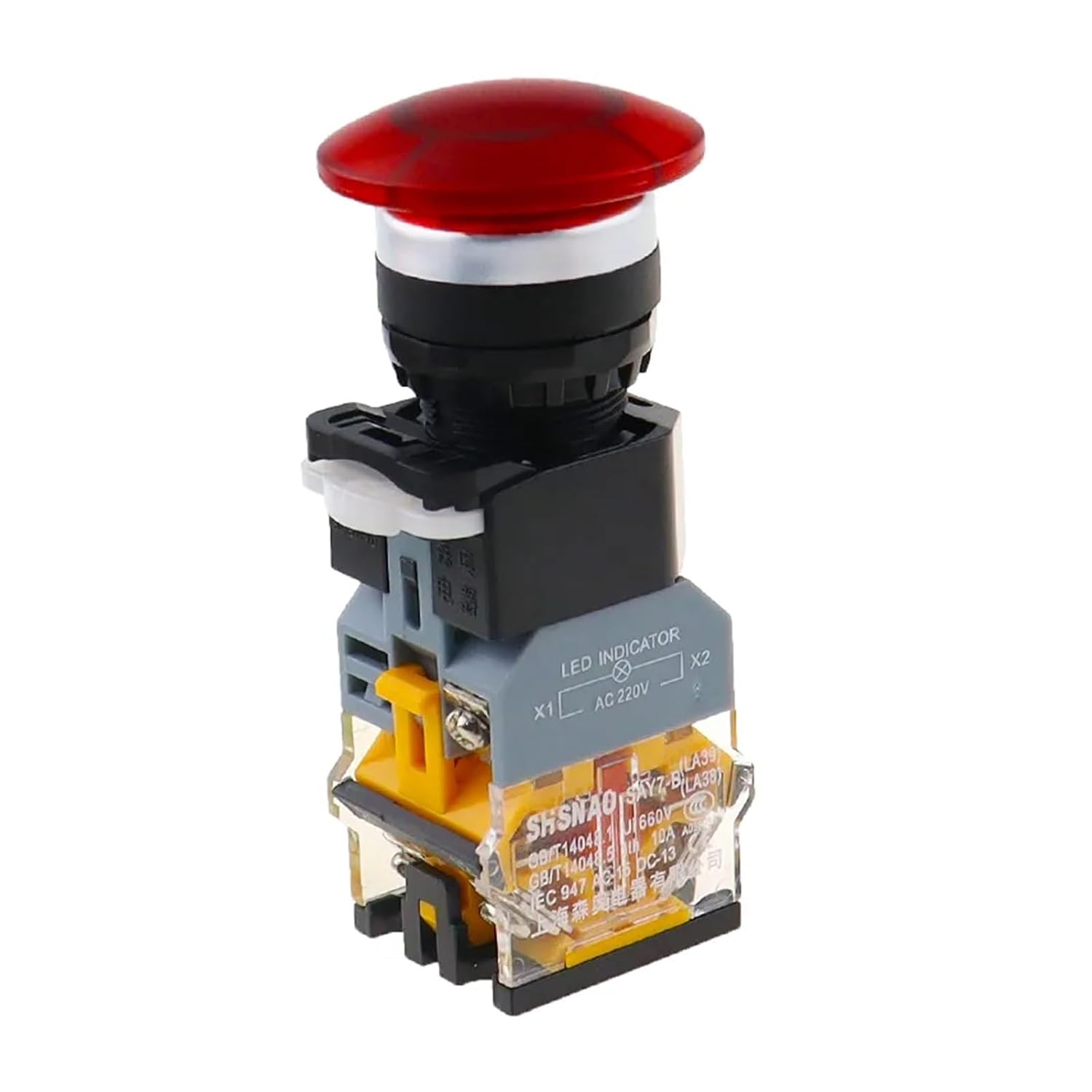 22mm LA38 Lighted Button Switch self-Locking Reset Flat Head inching Switch 24 220V red and Green Start Mushroom knob with Light(Red,Latching (on Off),24V)