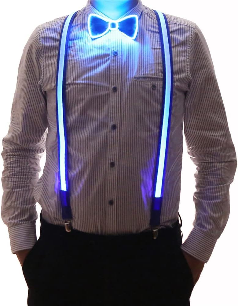EarthradiusWomen Men Light Up LED Suspenders and Bow Tie Combo Glow in the Dark Luminious Adjustable Straps Braces and Bow Tie