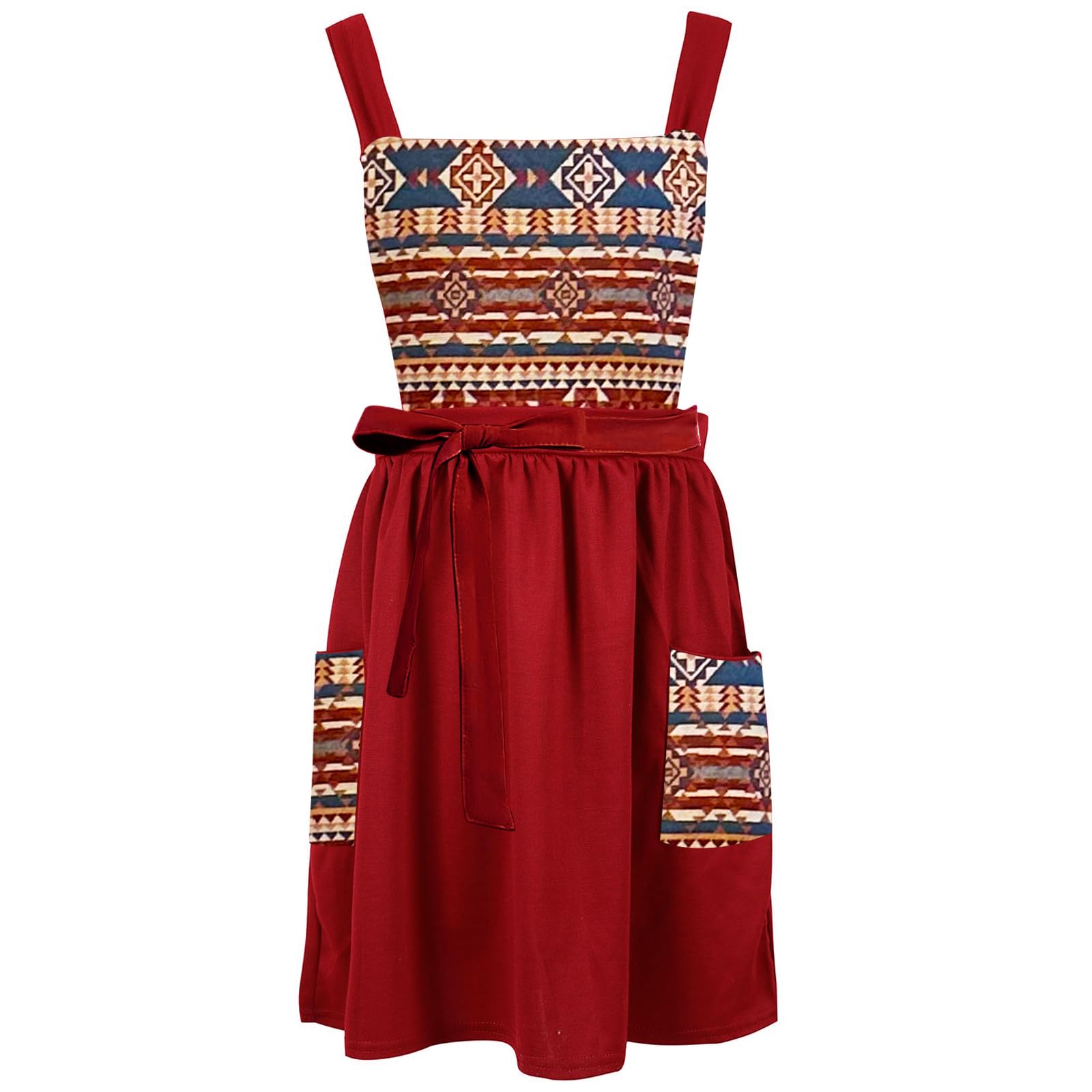 MILCIL Red Kitchen Apron with Pockets, Womens Pinafore Dress, Work Vintage Cross Back Floral Apron for Cooking Gardening Baking, Gift for Mom, Sister, Grandma