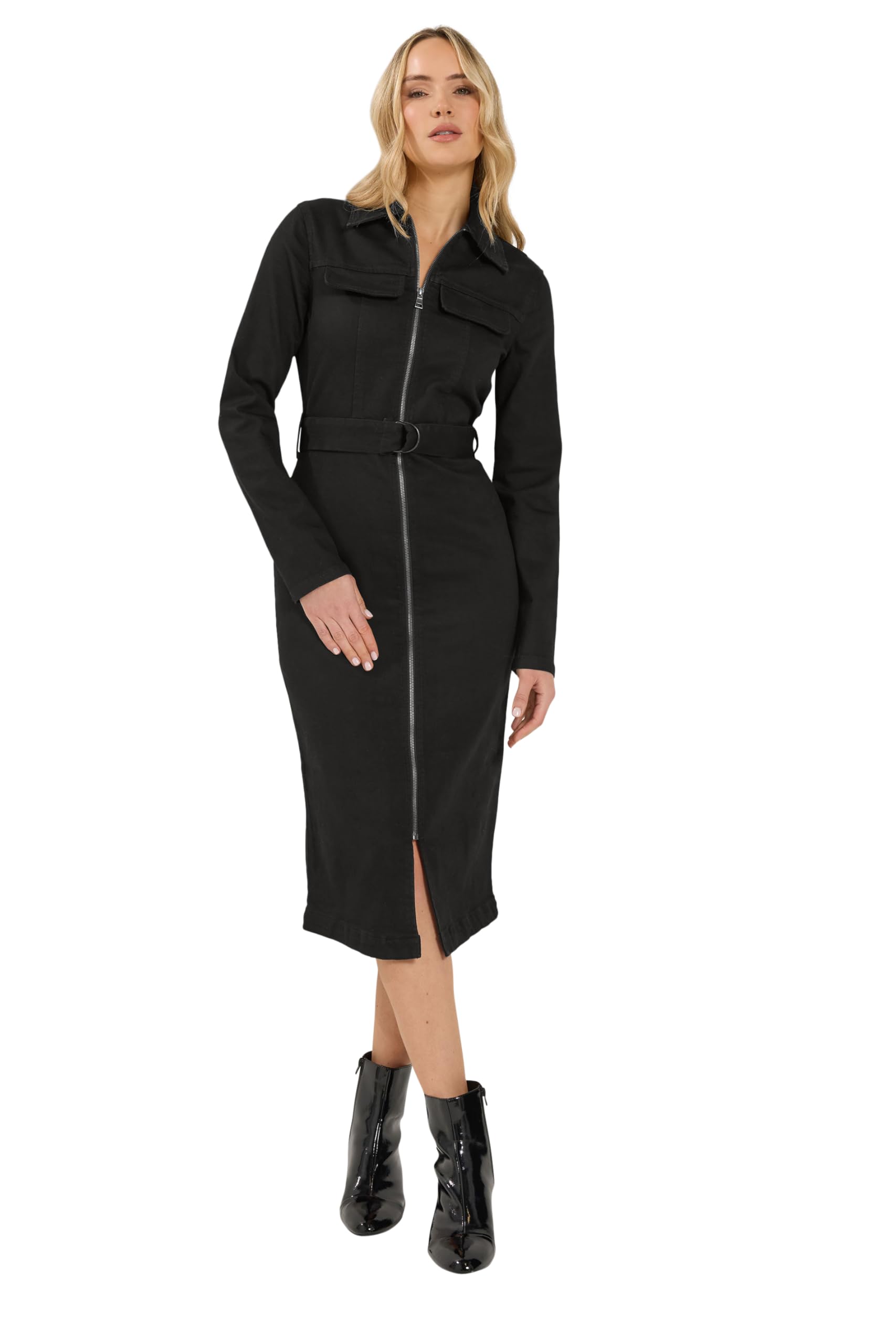 Long Tall Sally Women's Tall Zip Denim Midi Dress in Black | Size: 16