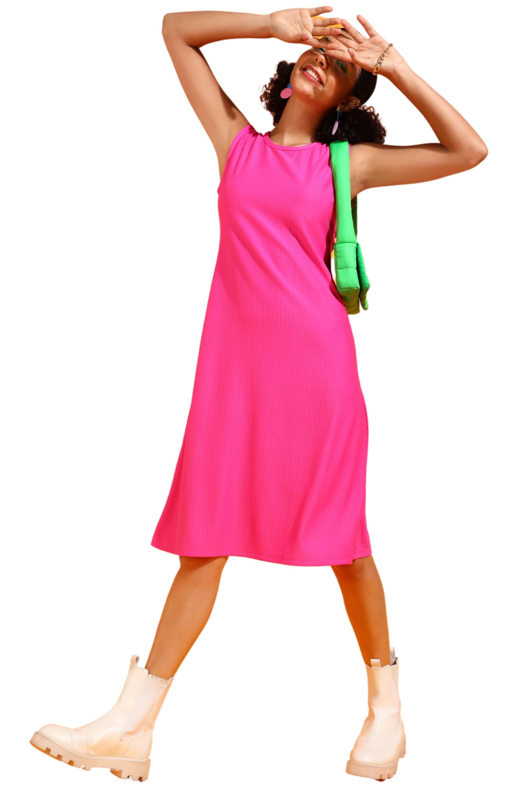 Popwings Women Casual Pink Rib Knee Length A-Line Dress Dress For Women | Stylish Dress For Women