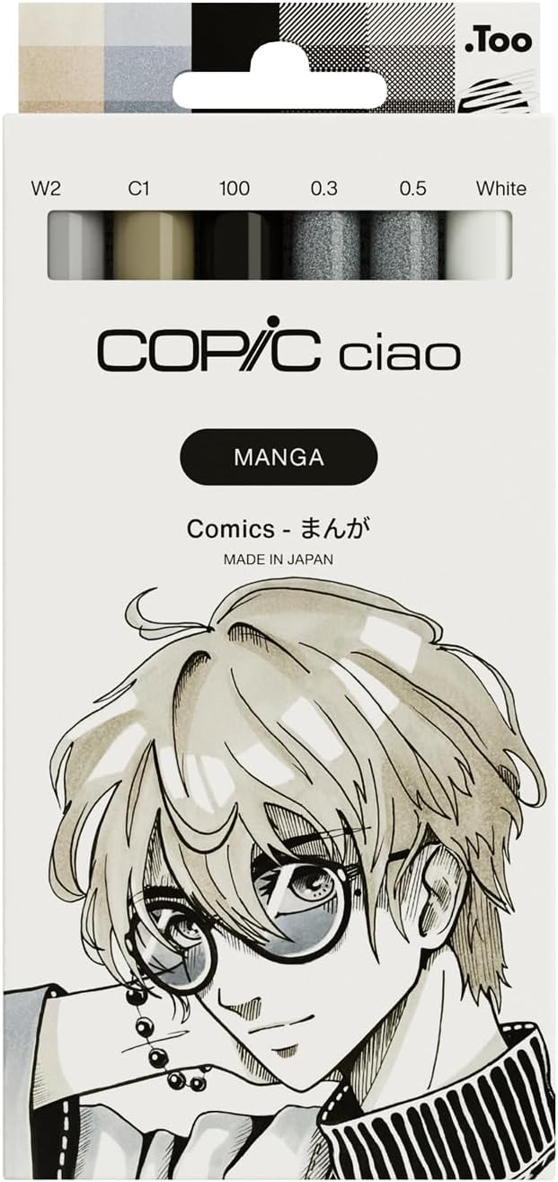 Ciao Manga Comics Marker Set with 3 Coordinated Grey Tones, Includes Paint Marker in White, 2 Multiliners 0.3 and 0.5 mm in Black, Twin Marker with Medium Width and One Brush Tip