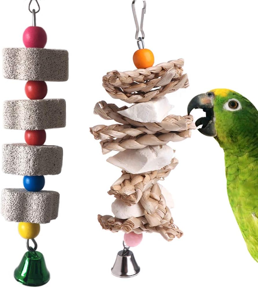 PIVBY Parrot Toys Chewing Bird Toy Cuttlebone Beak Grinding Stone Cage Hanging Toys with Bell for African Greys Amazon Conure Eclectus Budgies Parakeet Cockatiel Hamster Chinchilla Rabbit, 2 Pack