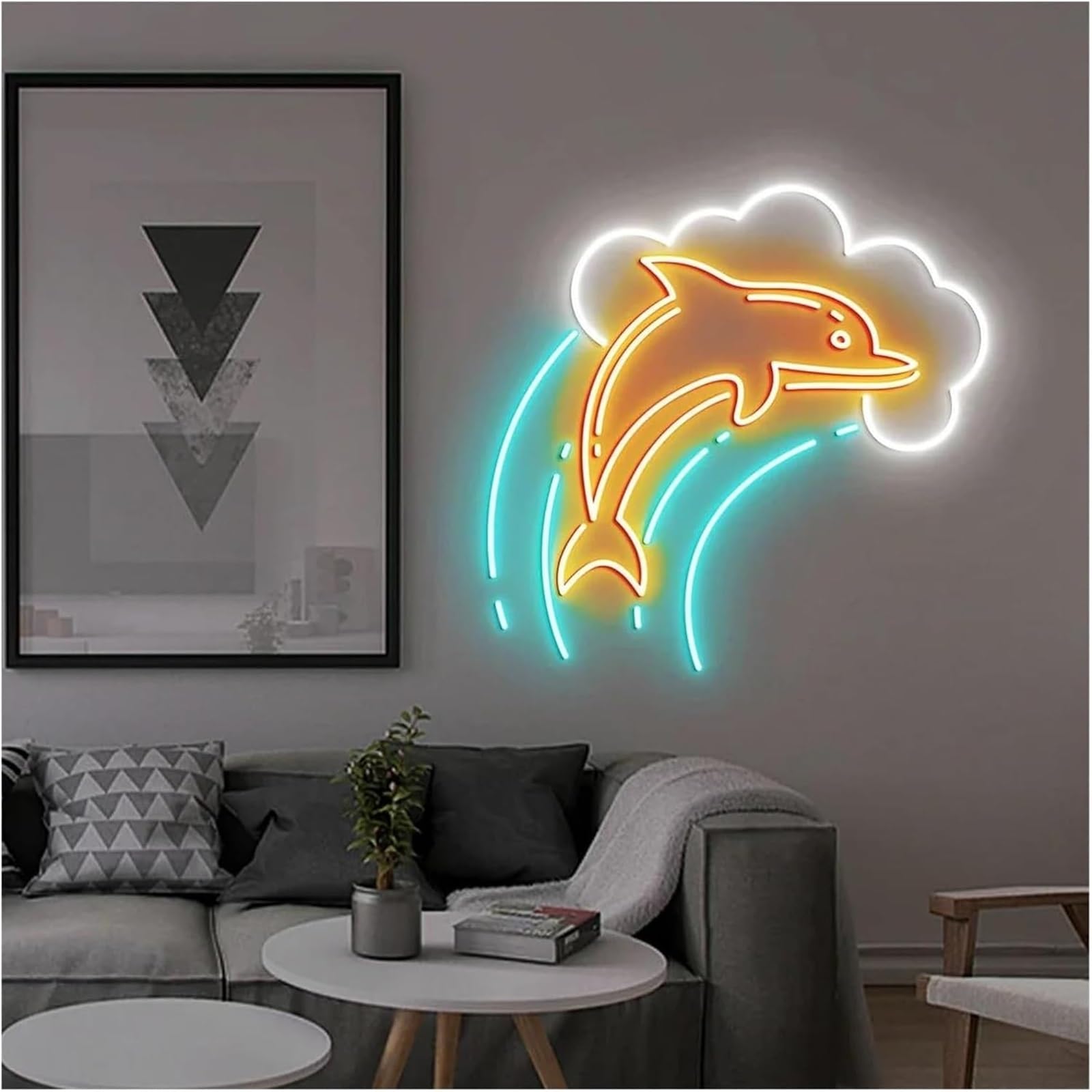 neon Lights Sign Soothing Ambiance Dolphin Neon Sign Lamp in for Wave Powered by, Adjustable Brightness, Lights(D)