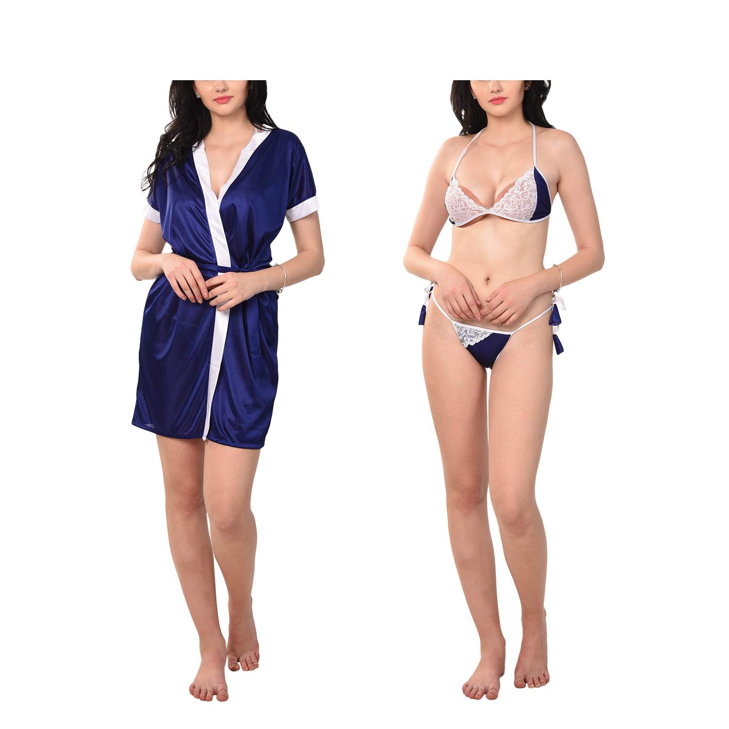 Women's Satin White Print Contrast Strip Robe with Lingerie Set | Bra and Panty 3 Pcs | Free Size Royal Blue