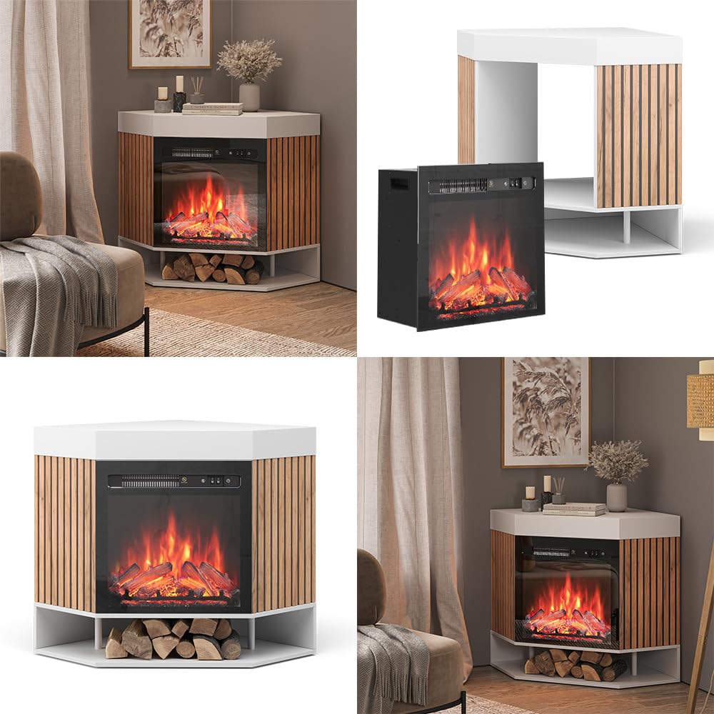 Vicco Caminetto elettrico "Lynea", Bianco, 100 cm con effetto fiamma realistico e riscaldatore da 1800W, installabile a parete con telecomando e temperatura regolabile