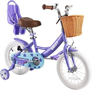 RULLY Strawberry 12 14 16 Inch Girls Bike for 2-7 Year Olds, Kids Bicycle with Training Wheels, Basket & Doll Seat, Retro Bike for Toddlers Pink Red Purple