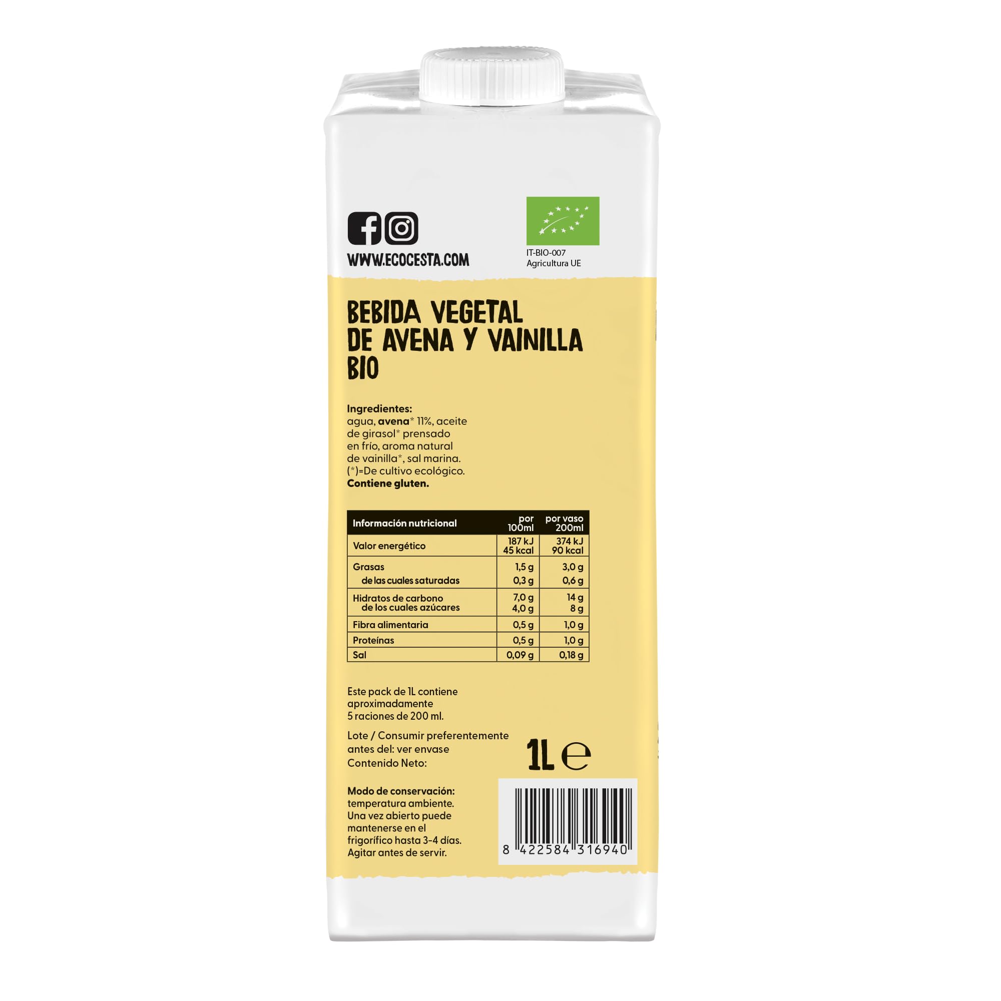 Pack 6 x 1 L Bebida Vegetal de Avena y Vainilla BIO, 100% Natural, Baja en Calorías, Vegano