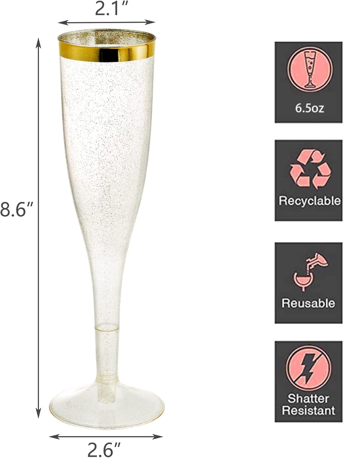 Hedume 50 Pack 6.5 Oz Disposable Plastic Champagne Flutes with Gold Glitter and Gold Rim, 2-Piece Disposable Champagne Glasses, Toasting Flutes Party Cocktail Cups for Celebration, Wedding