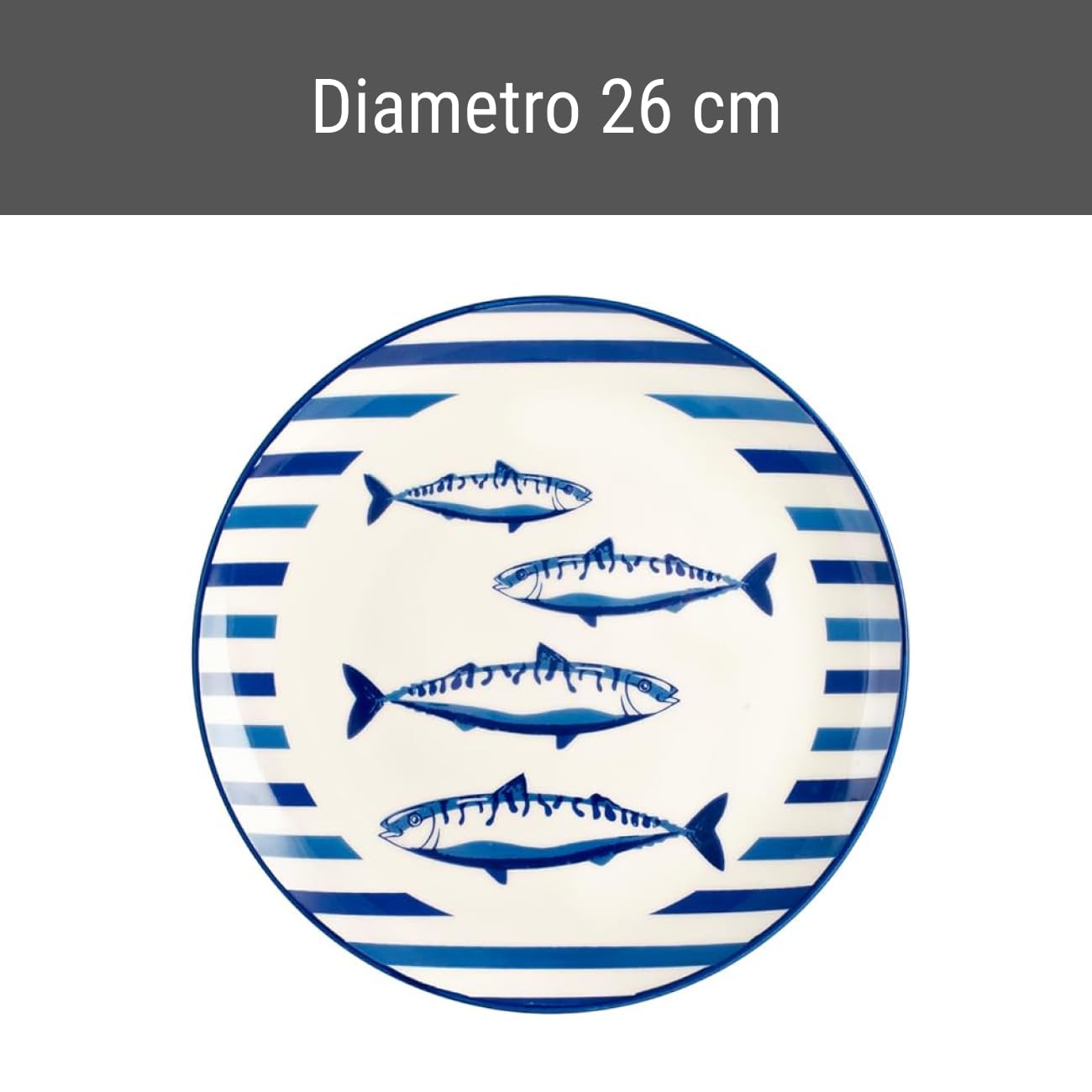 H&H-Set 12 Piatti Piani, linea Puerto, 26 cm, in stoneware, decorazioni a tema marino sui toni del blu, lavabili in lavastoviglie