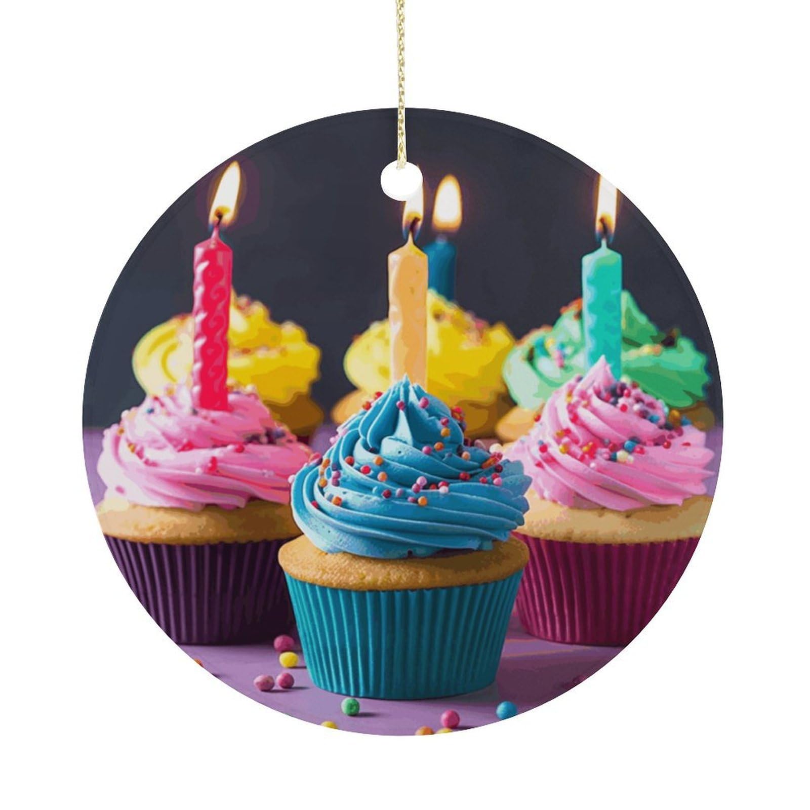 Colorful Happy Birthday Cupcakes Christmas Ornaments Colorful Round Ceramic Ornament Christmas Hanging Decor Christmas Tree Decorations Xmas Keepsake for Women Men Xmas Holiday Party