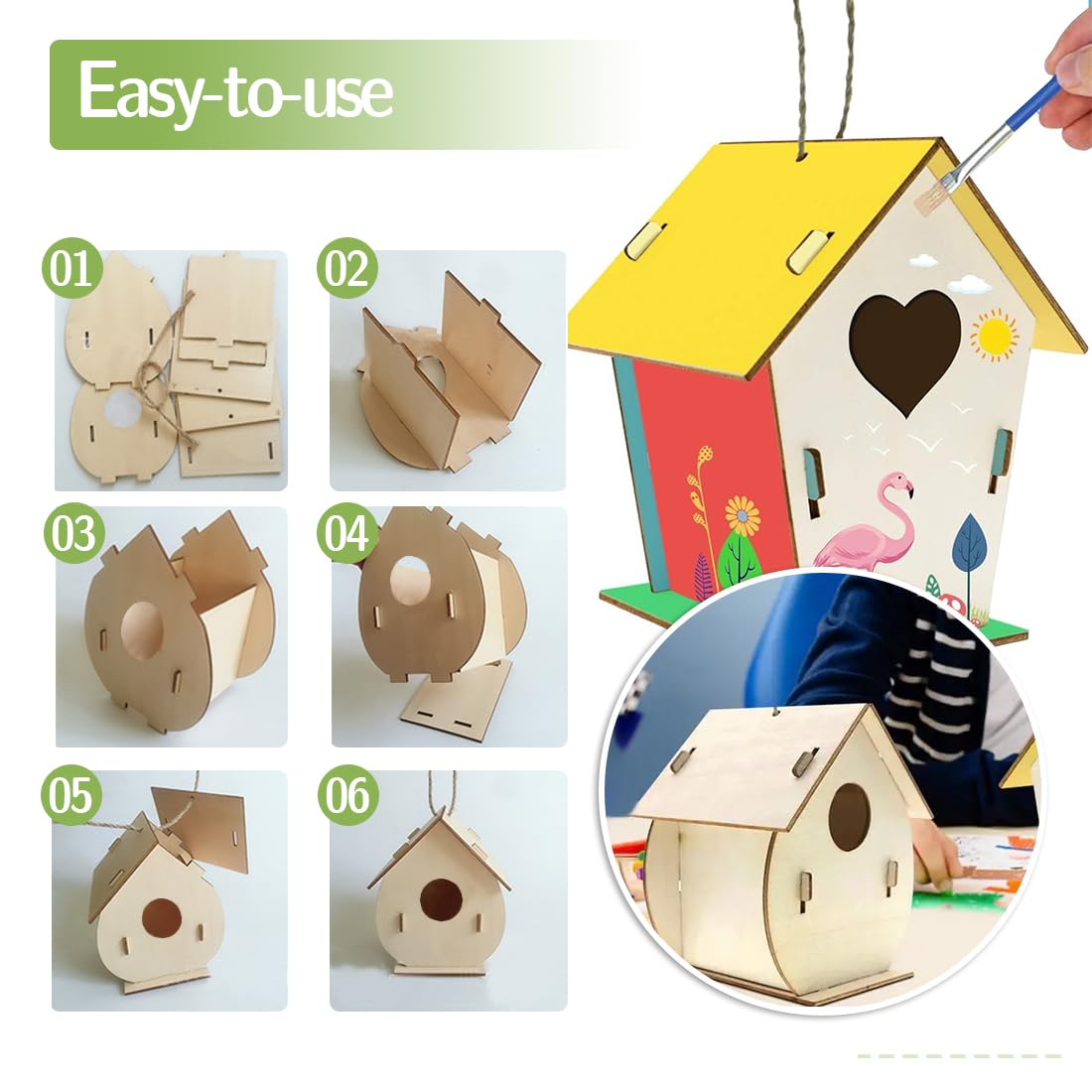 Kit Casetta Per Uccelli Fai Da Te Per Bambini – 12 Colori, Pennelli, Spago E Trucioli, 3 Casetta In Legno Da Dipingere, Attività Educativa